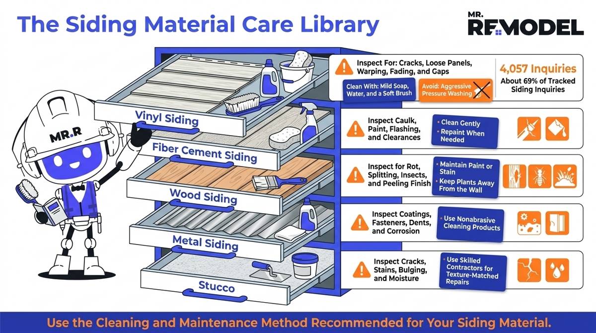 Editorial material-care guide comparing cleaning, inspection, and repair needs for vinyl, fiber cement, wood, metal, and stucco siding.